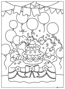 Animal Birthday Party Coloring Page with Balloons and Cake