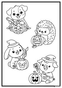 Animal Friends Carving Pumpkin Coloring Page for Halloween