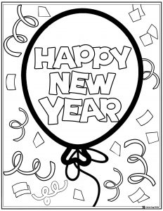 Balloon Coloring Sheet with Confetti and Happy New Year Text