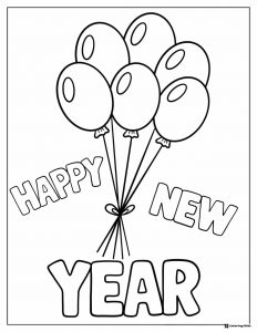 Balloons and Happy New Year Typography Coloring Page