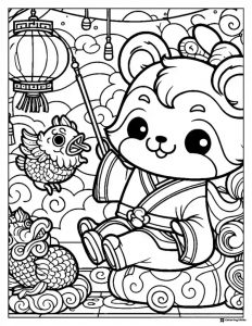 Bear Character Coloring Page with Lanterns and Koi Fish