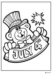 Bear in Patriotic Hat Coloring Sheet Holding July 4th Sign