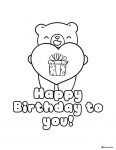 Birthday Bear Coloring Page Holding Heart with Gift