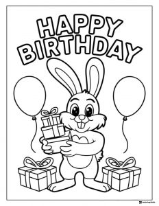 Birthday Bunny Coloring Page with Balloons and Wrapped Gifts