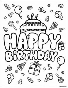 Birthday Cake Coloring Page with Balloons and Sweet Treats