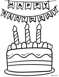 Birthday Cake Coloring Page with Banner and Four Candles
