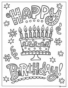 Birthday Cake Coloring Page with Lit Candles and Fun Fonts