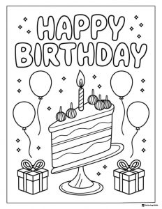 Birthday Cake Slice Coloring Page with Balloons and Gifts