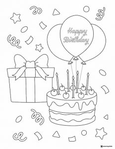 Birthday Cake and Gift Coloring Page with Balloons and Confetti