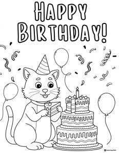 Birthday Cat Coloring Page with Layer Cake and Balloons