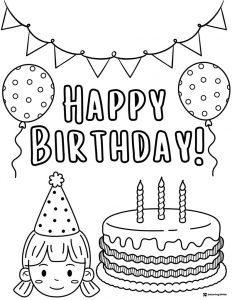 Birthday Coloring Page with Girl Balloons and Layer Cake