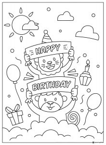 Birthday Coloring Page with Lion and Monkey Holding Signs