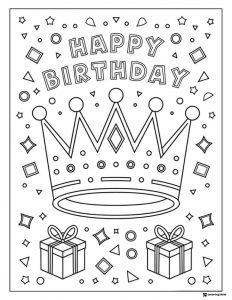 Birthday Crown Coloring Page with Gifts and Confetti Shapes