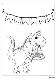 Birthday Dinosaur Coloring Page with Cake and Party Hat