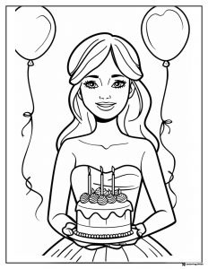 Birthday Girl Coloring Page with Balloons and Cake