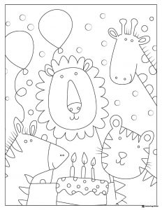 Birthday Party Animal Coloring Page with Cake and Balloons