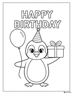 Birthday Penguin Coloring Page with Balloon and Gift
