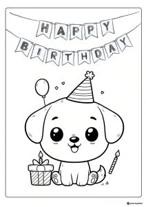 Birthday Puppy Coloring Page with Banner and Candle Gift