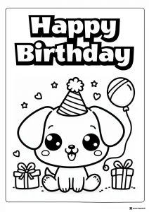 Birthday Puppy Coloring Sheet with Party Hat and Gift Boxes