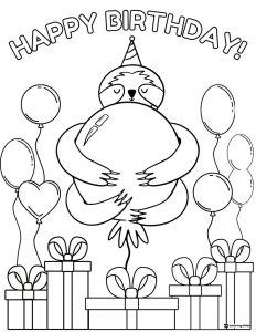 Birthday Sloth Coloring Page with Balloons and Presents