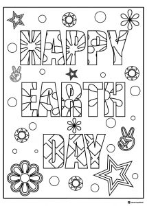 Bold Happy Earth Day Coloring Page with Peace and Stars