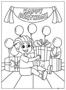 Boy Birthday Coloring Page with Gifts Balloons and Banner