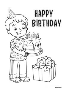 Boy Holding Birthday Cake Coloring Sheet with Gift Box