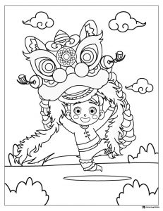 Boy in Lion Dance Costume Coloring Page with Clouds and Joy