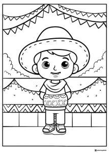 Boy in Sombrero Coloring Page with Banners and Poncho
