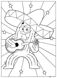 Cactus Character Coloring Page with Guitar and Sombrero