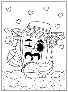 Cactus Character Coloring Page with Taco Flag and Sombrero