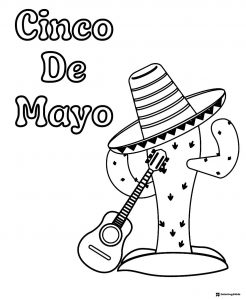 Cactus Wearing Sombrero Coloring Page with Guitar Accent
