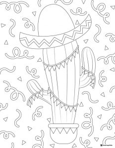 Cactus in Sombrero Coloring Page with Festive Streamers