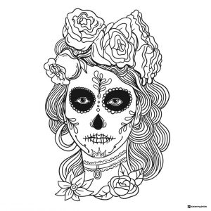 Calavera Woman Coloring Page with Roses and Face Paint Details