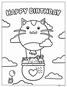 Cat Balloon Coloring Page with Animals in Basket and Clouds