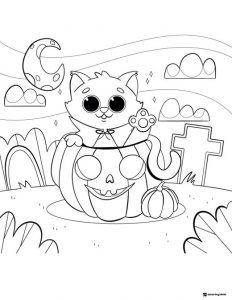 Cat in Pumpkin Coloring Page with Graveyard and Moonlight