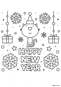 Cat with Snowflakes and Gifts New Year Coloring Page