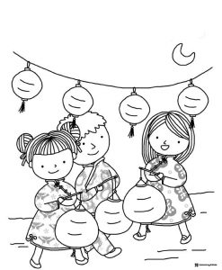Children Walking with Lanterns Coloring Page Under Moonlight