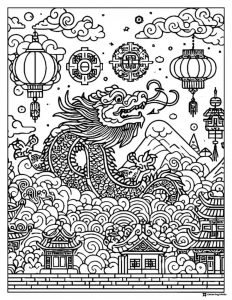 Chinese Dragon Coloring Page with Lanterns and Cloudy Sky