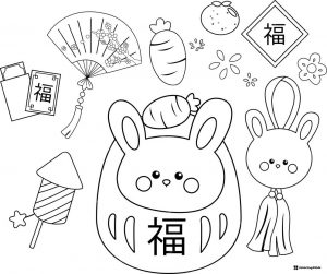 Chinese New Year Bunny Coloring Sheet with Fans and Firecrackers