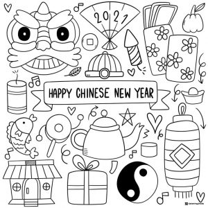 Chinese New Year Doodle Coloring Page with Icons and Banner