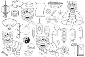 Chinese New Year Icon Coloring Page with Lions and Lanterns