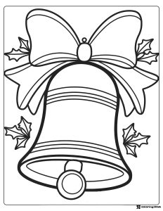Christmas Bell Coloring Page with Bow and Holly Leaves