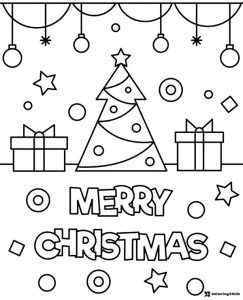 Christmas Card Coloring Page with Tree and Hanging Ornaments