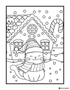 Christmas Cat Coloring Page with Hat Scarf and Candy Cane