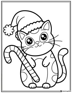 Christmas Cat Coloring Sheet with Santa Hat and Candy Cane