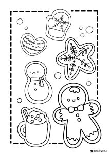 Christmas Cookie Cutouts Coloring Page with Cocoa and Mittens