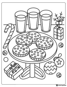 Christmas Cookies Coloring Page with Milk and Ornaments