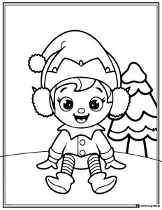 Christmas Elf Coloring Page with Hat Ear Muffs and Tree Scene