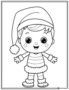 Christmas Elf Coloring Sheet with Striped Outfit and Santa Hat